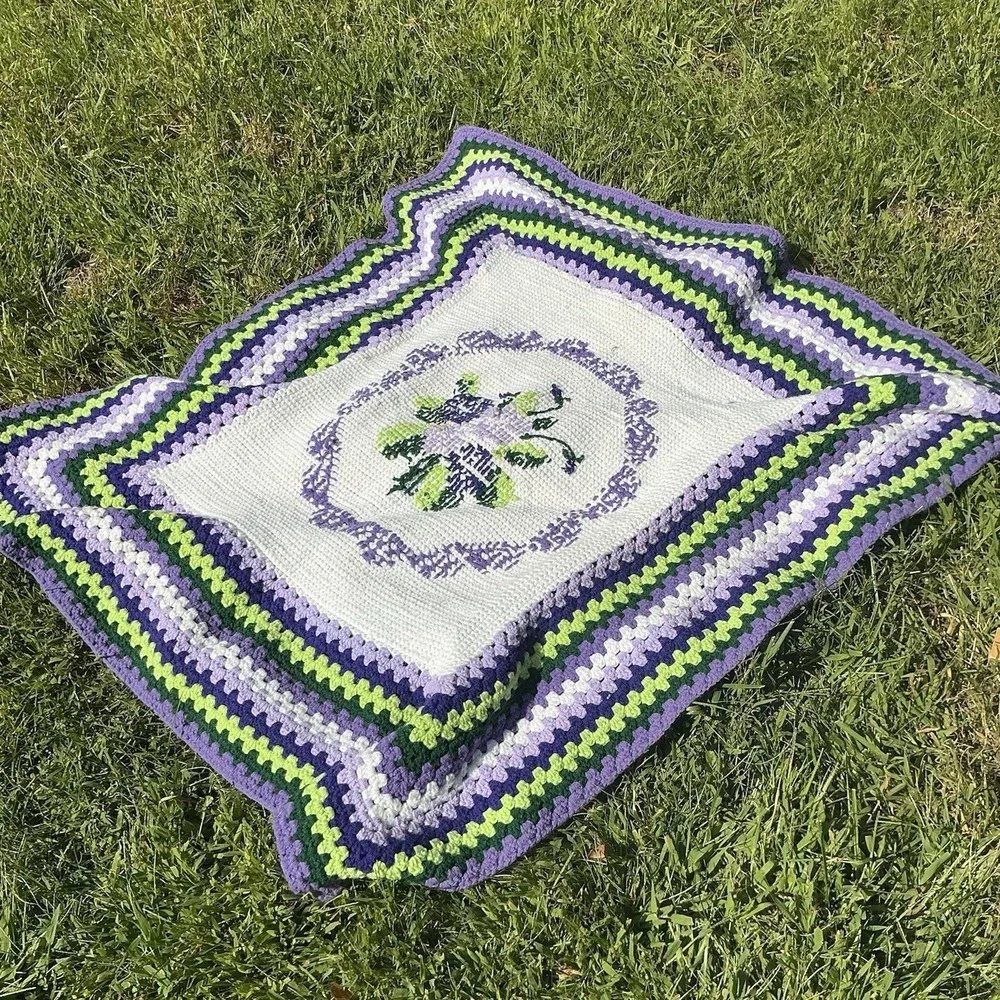 Vintage Crocheted Needlepoint Hand Made Quilt Blanket Afghan Throw Floral Purple